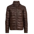 Mens Dark Brown Leather Puffer Jacket