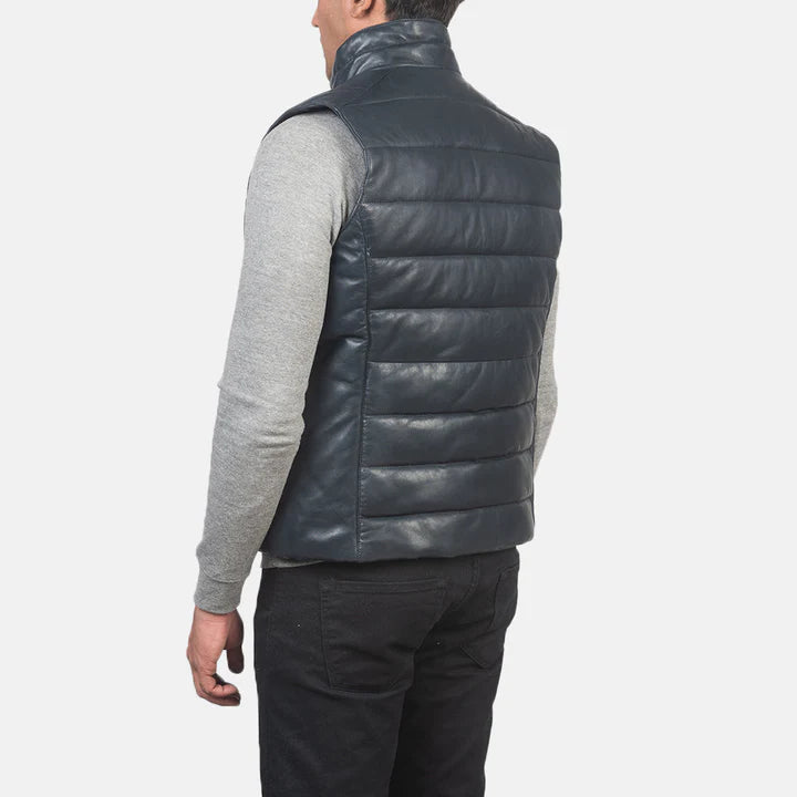 Mens Reeves Blue Leather Puffer Vest