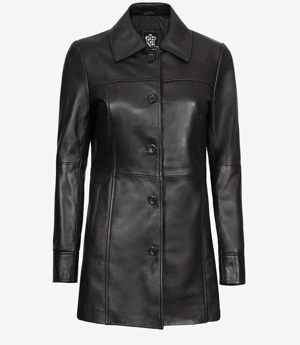 Womens Leather Black Coat - 3/4 Length