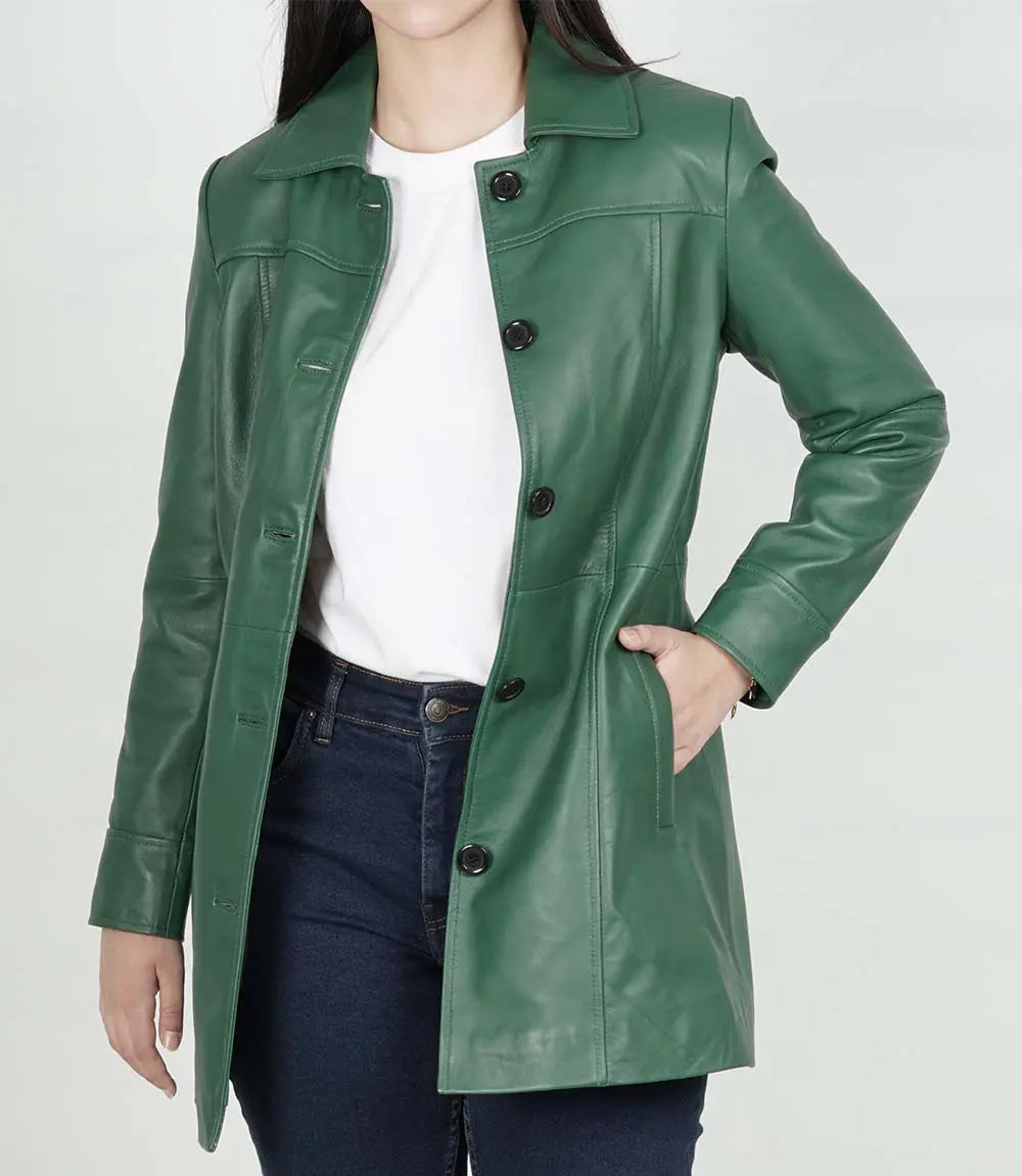 Womens Leather Green Coat - 3/4 Length