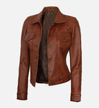 Womens Cognac Brown Trucker Leather Jacket