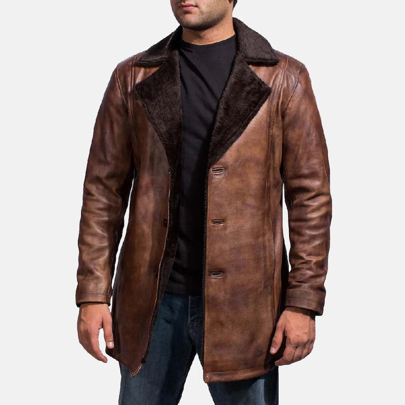 Mens Cognac Shearling Leather Coat - 3/4 Length