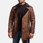 Mens Cognac Shearling Leather Coat - 3/4 Length