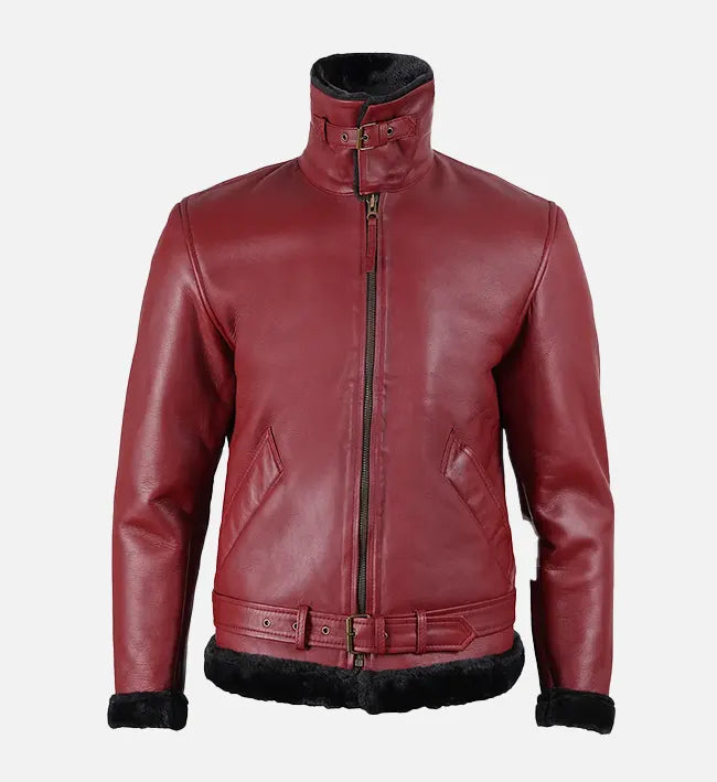 Mens Maroon Leather Shearling Jacket