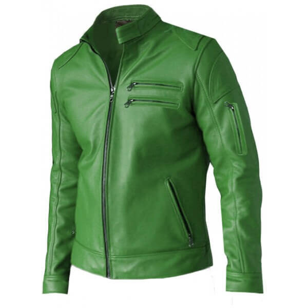 Regular Fit Part Wear Men Green Leather Jacket