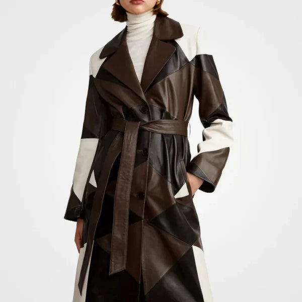 Womens Three Tone Patchwork Leather Coat