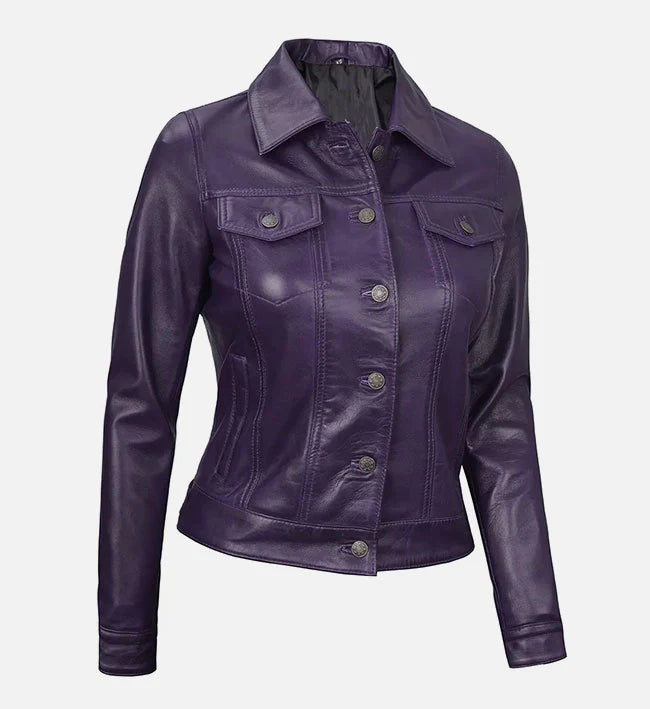 Women Purple Leather Trucker Jacket