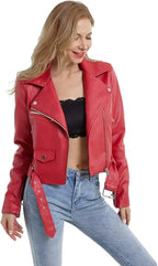 Red Biker Cropped Leather Jacket