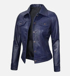 Women Royal Blue Leather Trucker Jacket