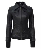 Women Tall Black Leather Jacket With Removable Hood