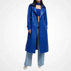 Womens Blue Leather Long Coat With Storm Flap