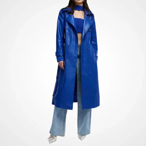 Womens Blue Leather Long Coat With Storm Flap
