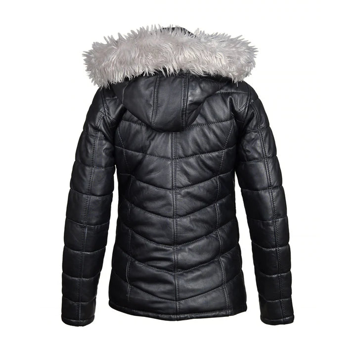 Women Winter Fur Trimmed Hoodie Puffer Leather Jacket