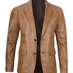 Mens Two Button Camel Brown Leather Blazer