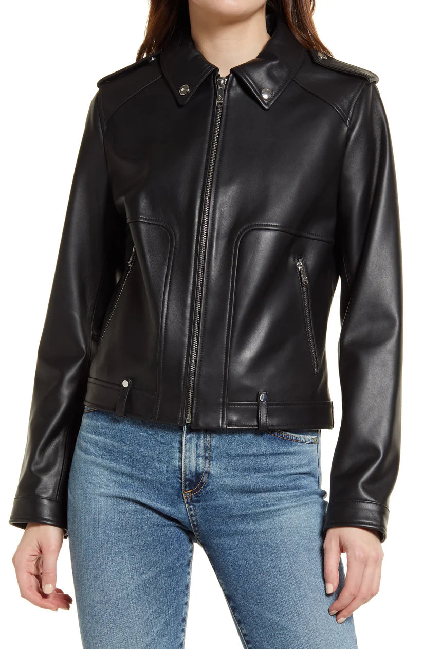 Womens Tall Black Nappa Leather Biker Jacket
