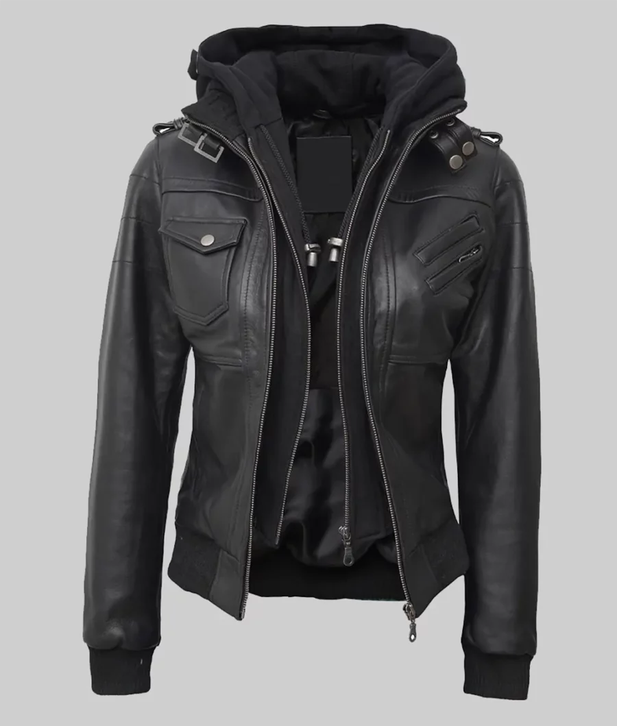 Women Tall Black Hooded Bomber Leather Jacket