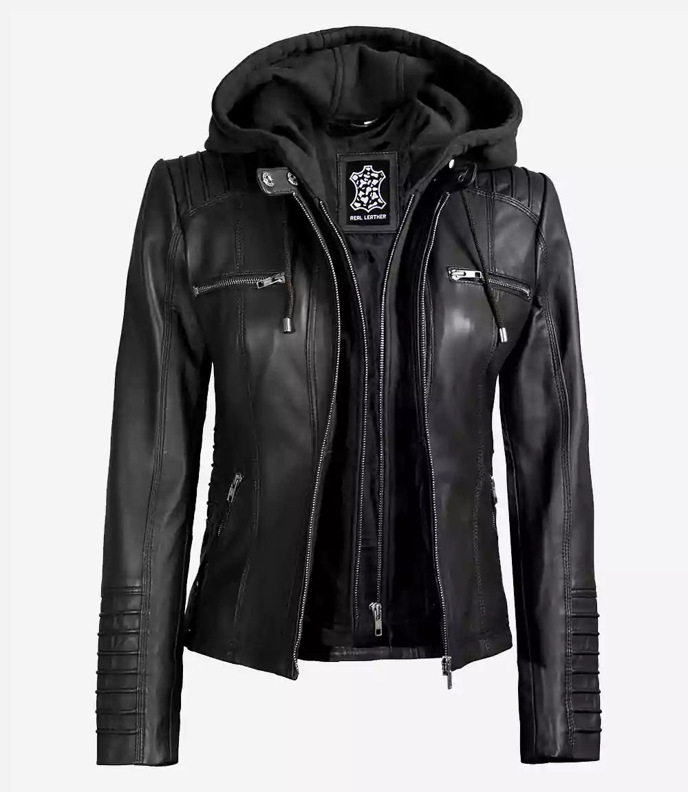 Womens Tall Black Leather Jacket With Removable Hood