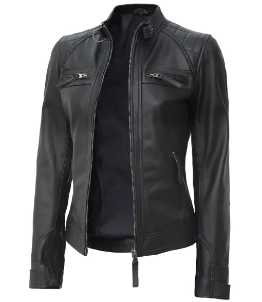 Women Tall Black Quilted Cafe Racer Leather Jacket