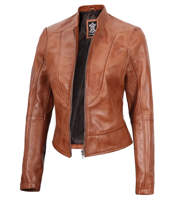 Womens Cafe Racer Tan Tall Leather Jacket