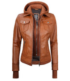 Womens Tan Waxed Bomber Detachable Hood Leather Jacket