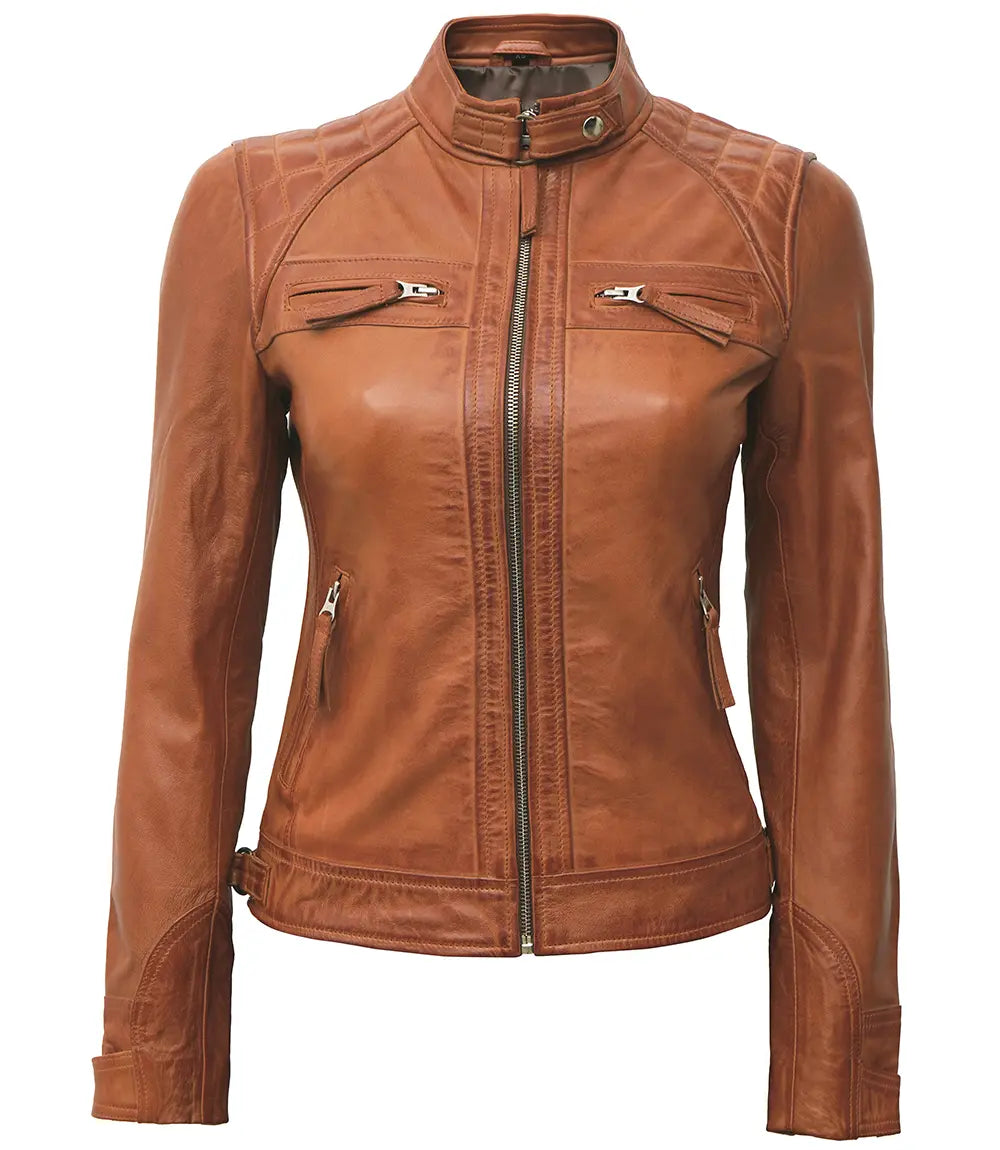 Classic Womens Cafe Racer Tan Leather Jacket