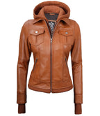 Womens Tan Waxed Bomber Detachable Hood Leather Jacket