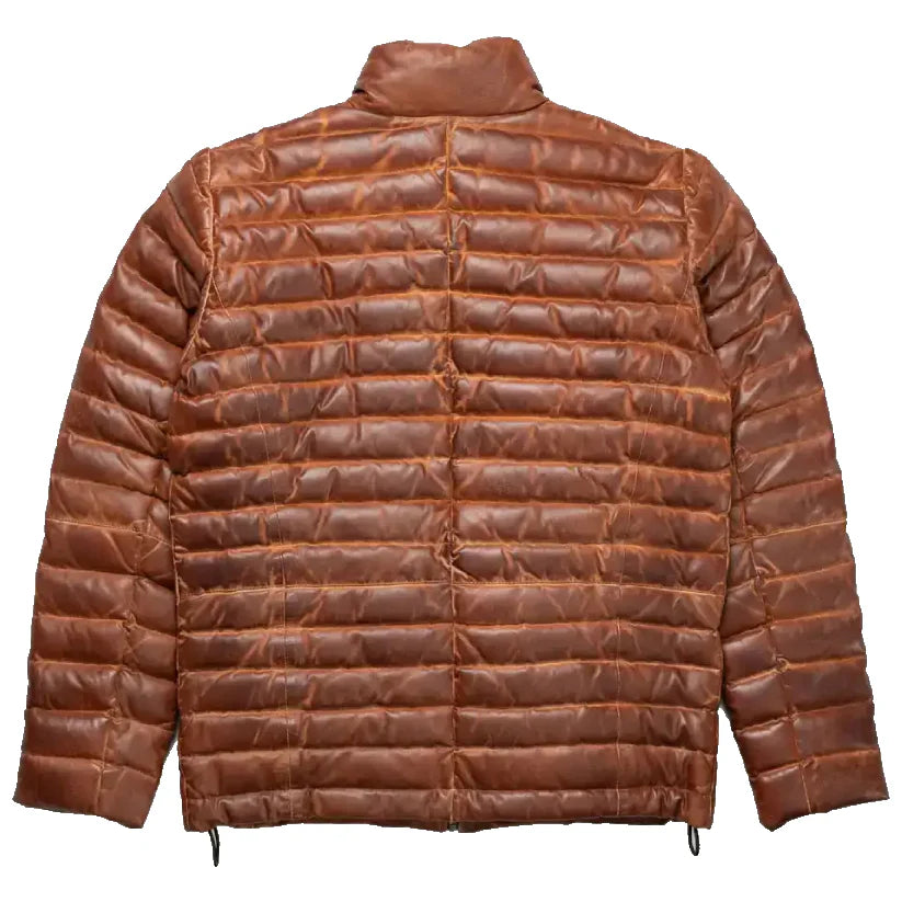 Mens Tan and Brown Leather Puffer Jacket