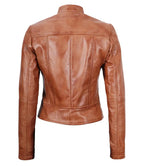 Womens Cafe Racer Tan Tall Leather Jacket