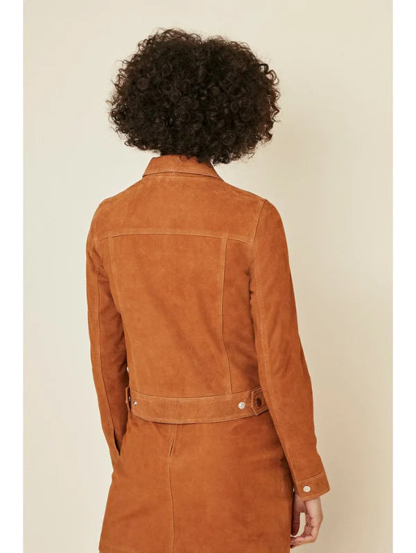 Womens Tan Brown Suede Leather Trucker Jacket