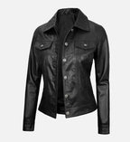 Women Black Trucker Leather Jacket