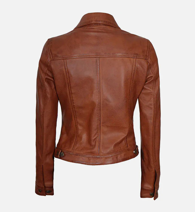 Womens Cognac Brown Trucker Leather Jacket