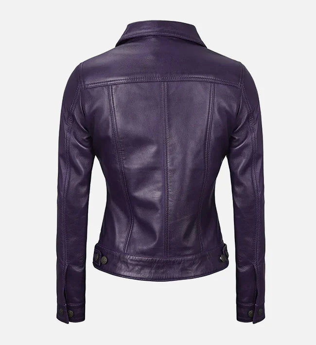 Women Purple Leather Trucker Jacket