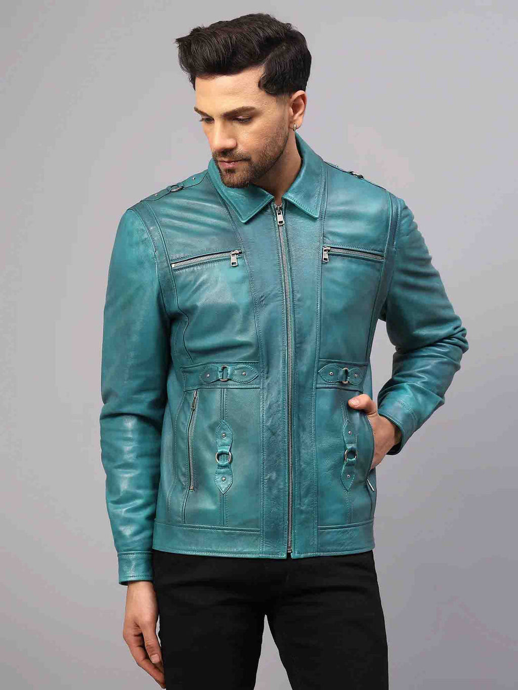 Teal Leather Mens Jacket