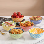 Vibrant Grid and Wave Pattern Porcelain Bowls