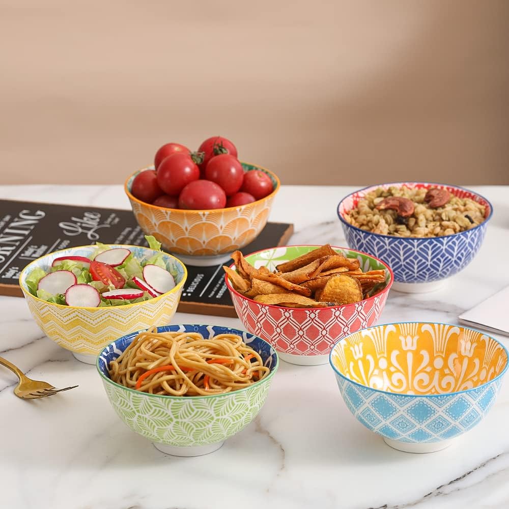 Vibrant Grid and Wave Pattern Porcelain Bowls