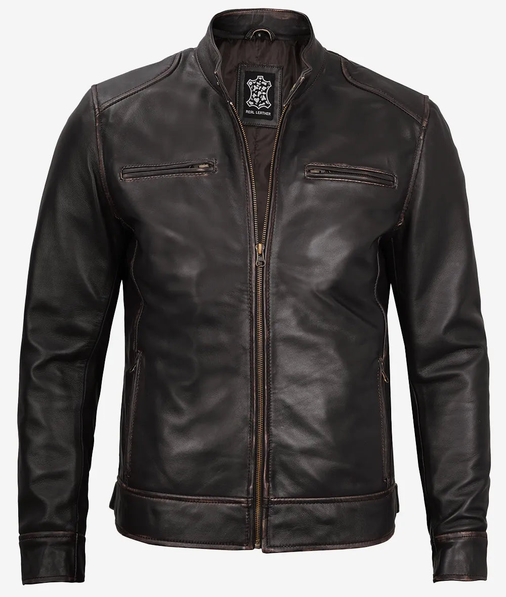 Mens Vintage Brown Leather Cafe Racer Jacket