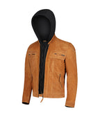 Men’s light Brown Leather Jacket With Hood