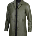 Mens Olive Green Leather Car Coat