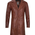 Mens Brown Real Leather Cognac Car Coat