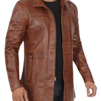 Men's Real Lambskin Brown Leather Cognac Car Coat