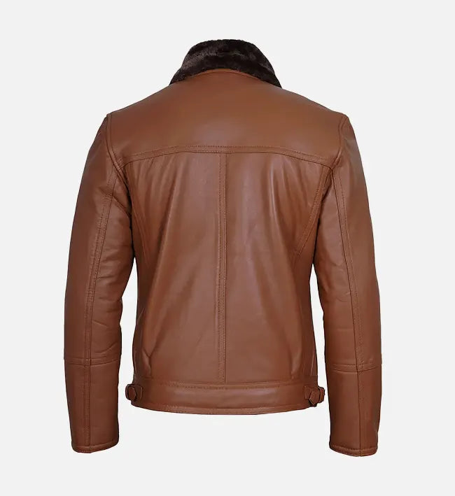 Cognac Leather Shearling Moto Jacket for Men