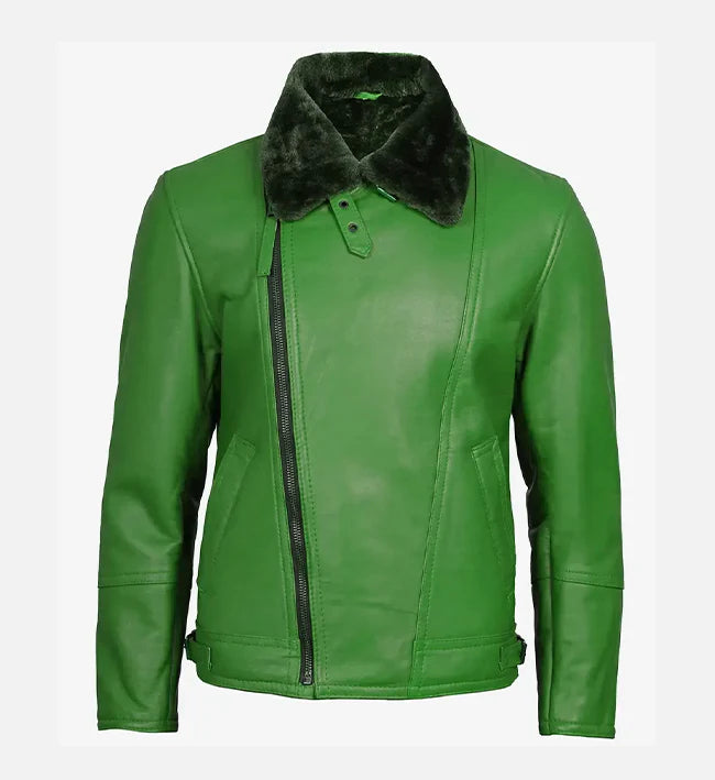 Green Shearling Leather Moto Jacket for Men