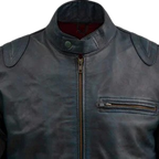 Blue Waxed Leather Jacket With Red Shade