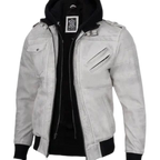 Mens Off White Waxed Leather Jacket with Hood