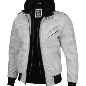 Mens Off White Waxed Leather Jacket with Hood