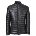 Black Leather Puffer Winter Jacket