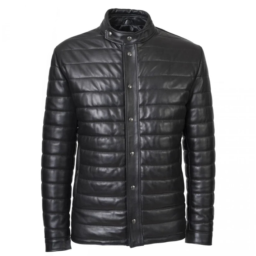 Black Leather Puffer Winter Jacket