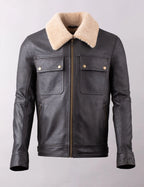 Black Real Leather Shearling Bomber Jacket for Men