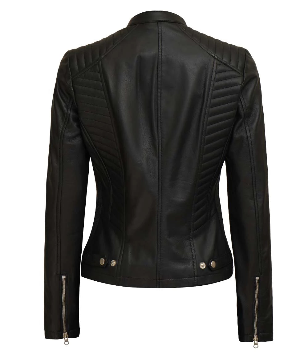 Womens Black Real Leather Cafe Racer Jacket