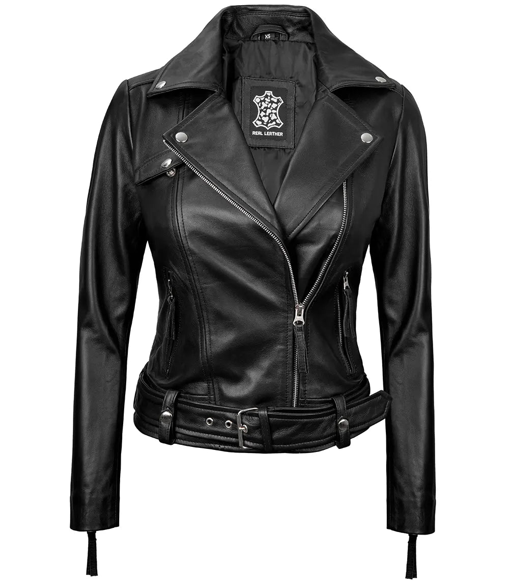 Womens Asymmetrical Real Black Leather Biker Jacket